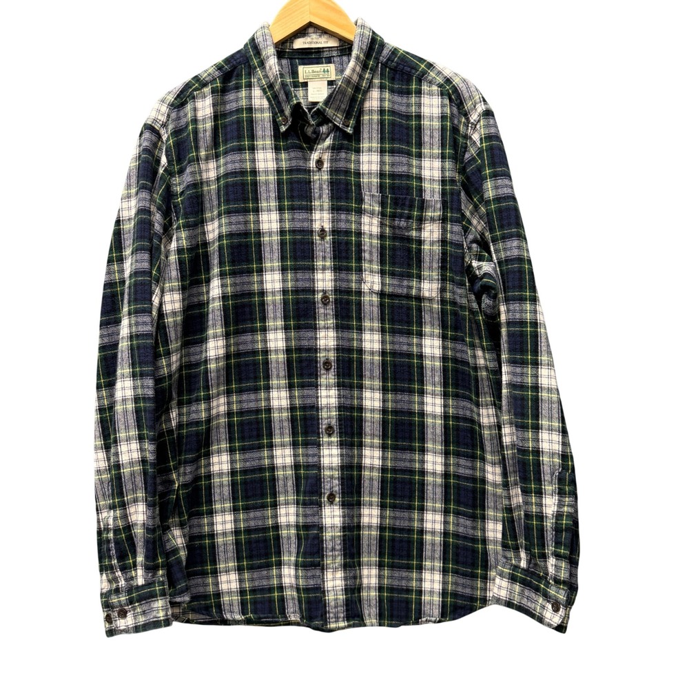 LL Bean Button Down Mens‎ Large Traditional Fit Green Scotch Plaid Flannel Shirt